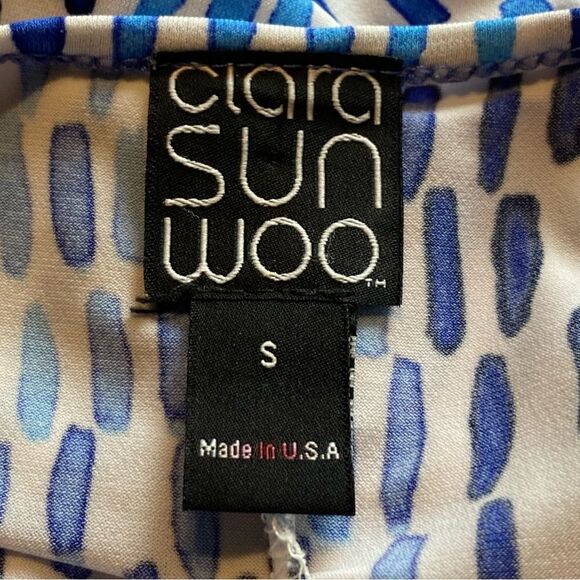Clara Sun Woo White and Blue Tone Asymmetrical Bottom Tunic Length Top Size S - Picture 3 of 8